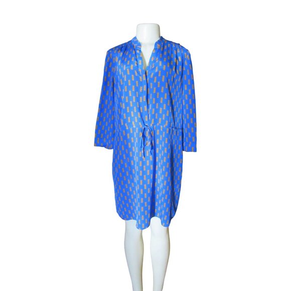 Diane Von Furstenberg Blue/Brown Silk Dress W/ Tie Size 12 - Picture 2 of 9